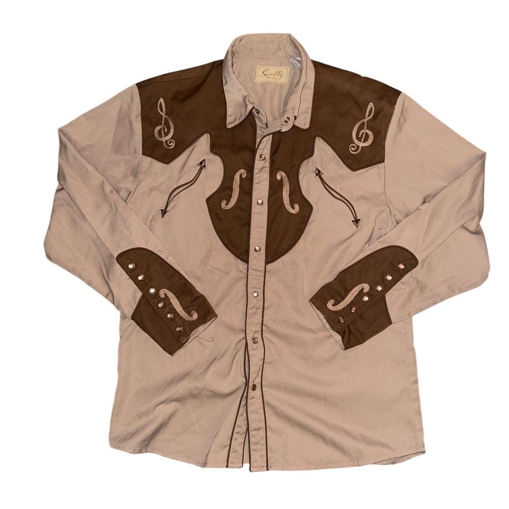 Scully Mens Western Shirt Tan Brown Music Note Embroidery Pearl Snap P-767 M